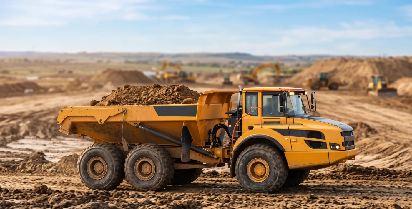 Articulated off-road hauler carrying dirt across an earthmoving site