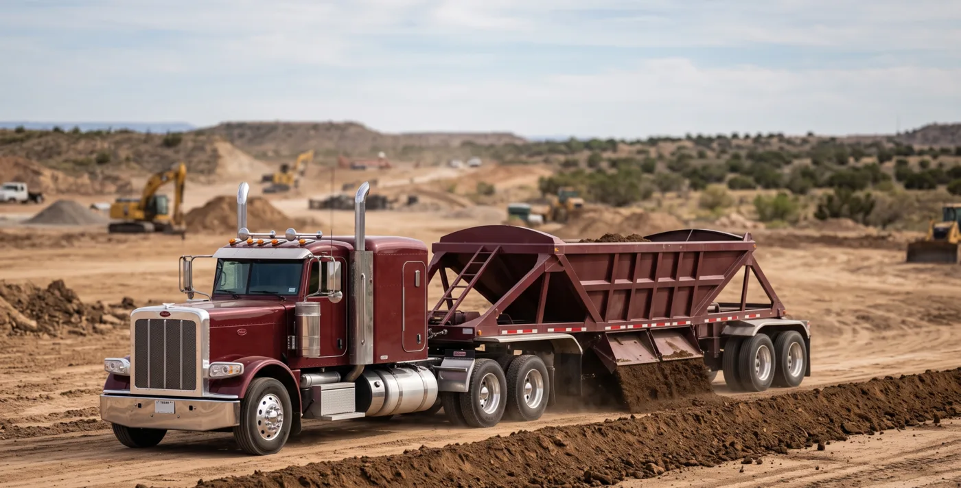 Belly dump trailer laying a windrow of dirt through its bottom gates
