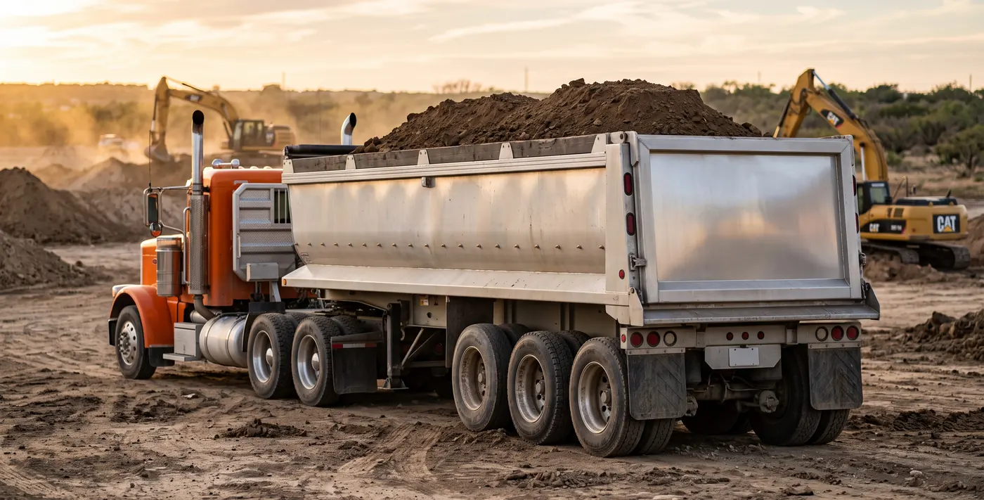 End dump semi loaded with dirt, parked on a Texas construction site