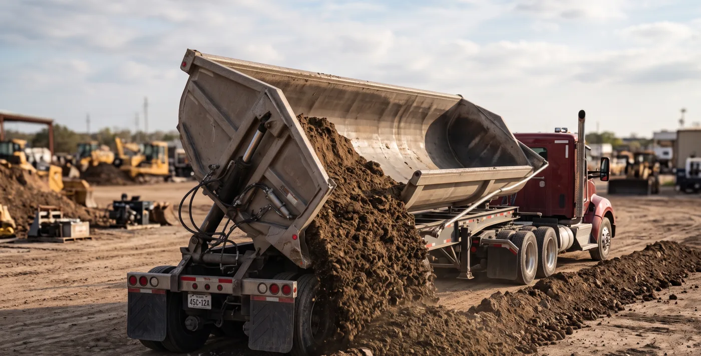 Side dump trailer tipped to one side, unloading dirt alongside the truck