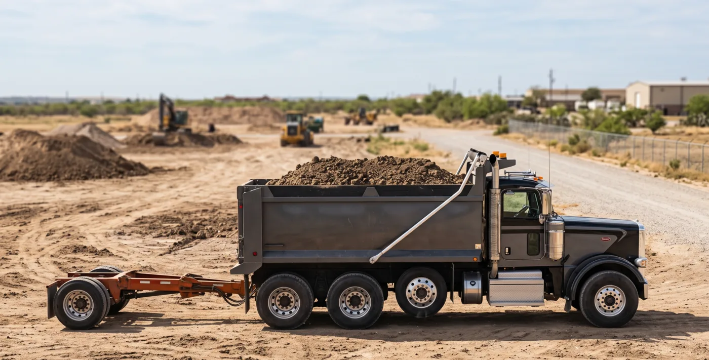 Super dump truck with a liftable trailing axle carrying dirt