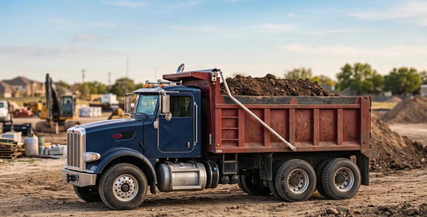 Tandem dump truck, a 10-wheeler, loaded with dirt at a Texas construction site