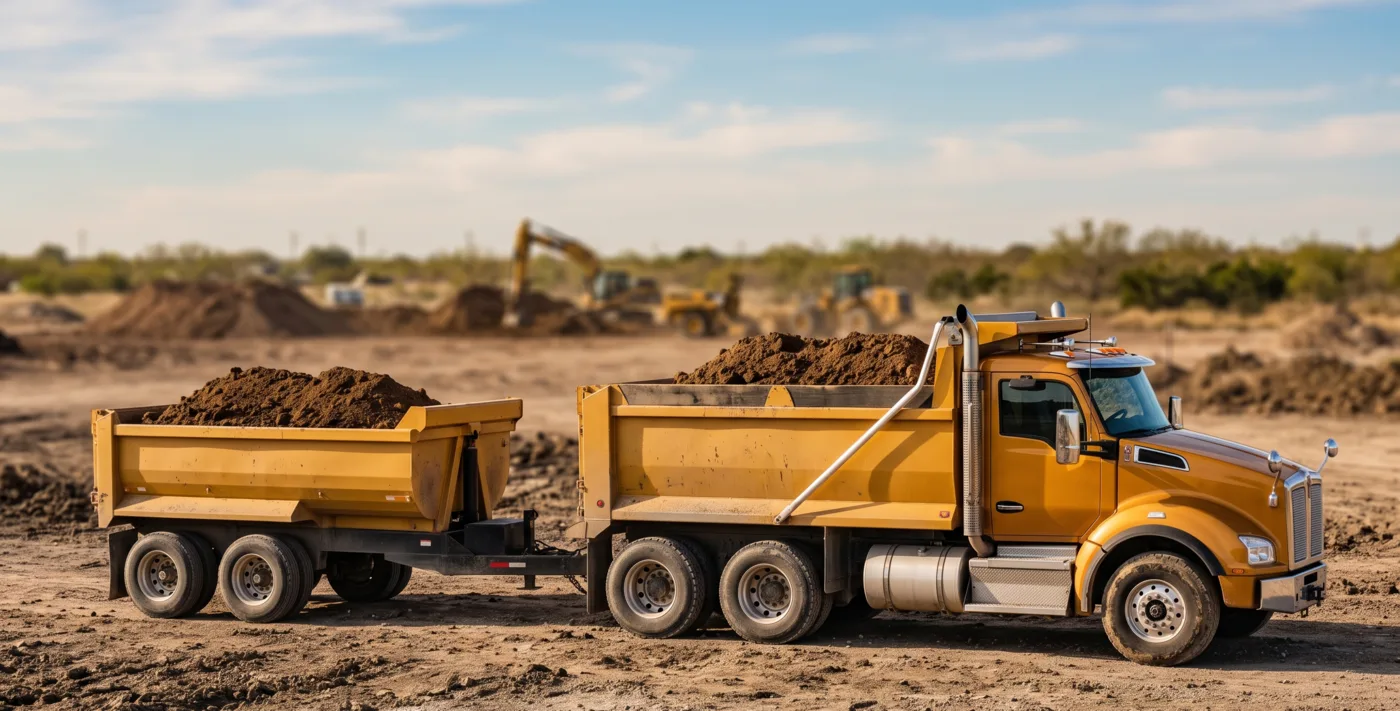 Transfer dump truck towing a second loaded material box
