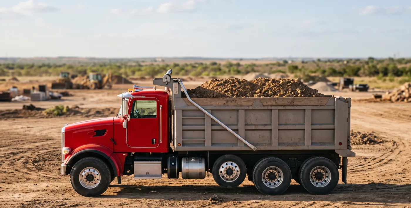 Tri-axle rigid dump truck loaded with dirt